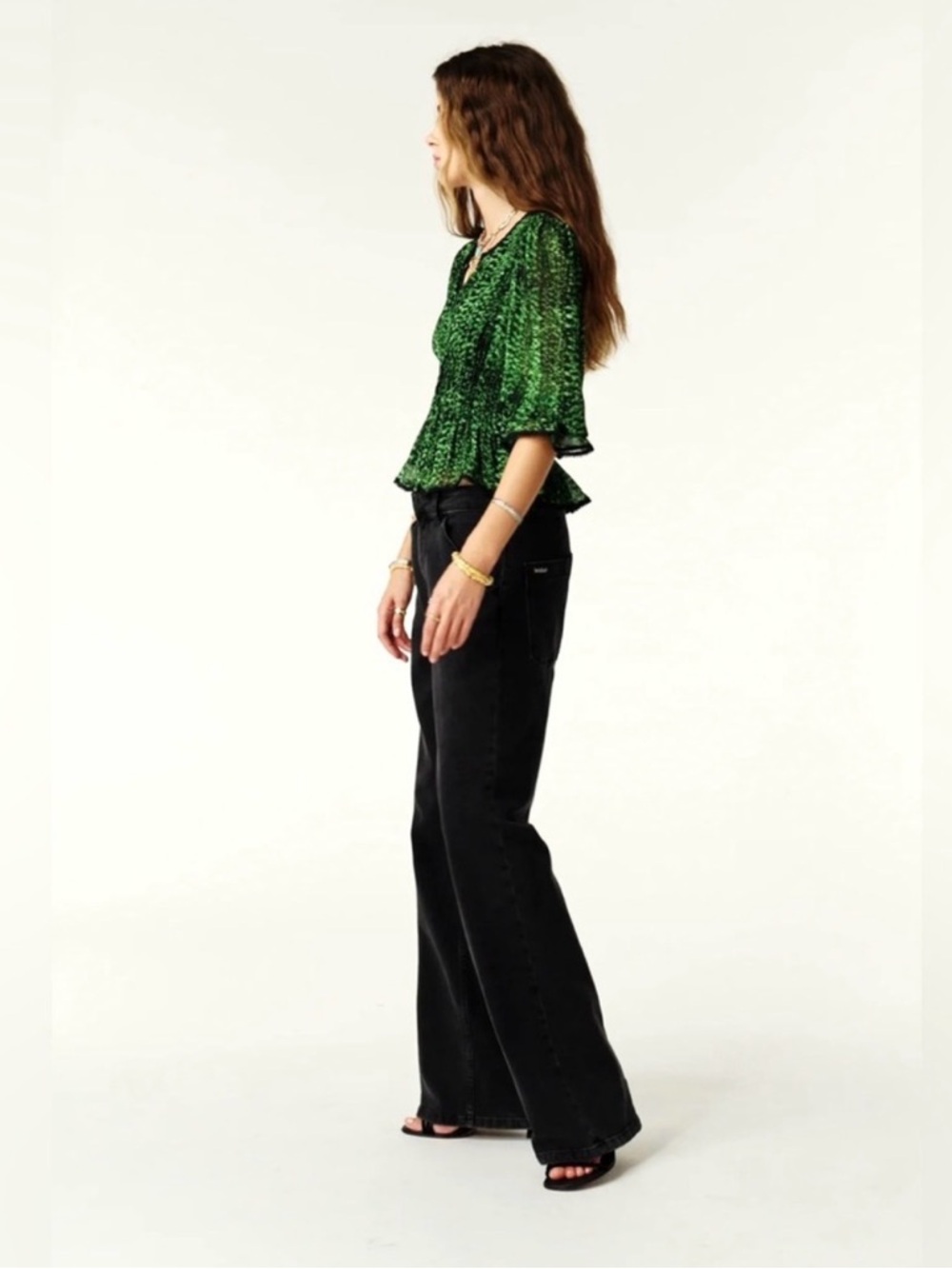 ba&sh Green Printed Peplum Blouse Small - Picture 4 of 10